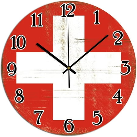 Switzerland National Flag Pvc Clock Switzerland Clock Battery Operated Silent Round Wall Clock Country Souvenir Gift Clocks For Wall For Laundry Room Bedroom 12X12In