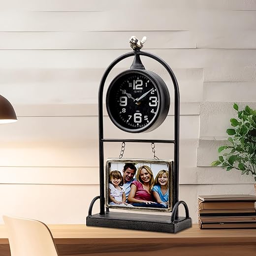 Table Clock on Stand,Decorative Desk and Shelf Clock with Photo Frame,Rustic Mantel Clock Battery Operated Silent Non-ticking,Metal Vintage Clock for Bedroom Living Room Home Decor,7.9x3.15x15.4