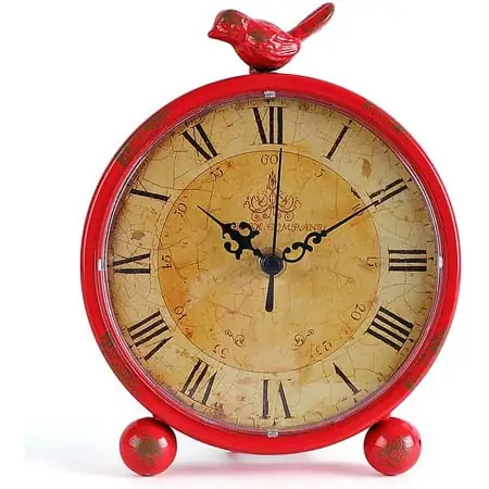 Table Desk Clocks, Retro Tabletop 8 Inches Metal Vintage Clock Battery Operated with Bird ( Red)