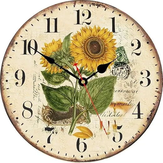 TAHEAT 14 Inch Beautiful Sunflower Wall Clock, Vintage Country Floral Silent Non Ticking Clocks, Wooden Round Easy to Read Wall Clock for Kitchen/Living Room/Bedroom/Bathroom