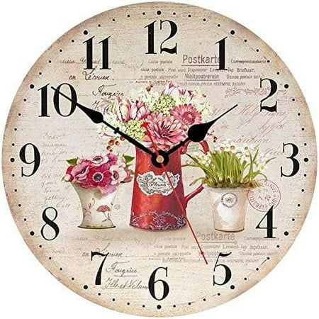 TAHEAT 14 Inch Colorful Flowers Wall Clock Wooden Rustic Country Clocks Decorative Accurate Easy to Read Wall Clock for Living Room/Bedroom/Bathroom/Kitchen Decor