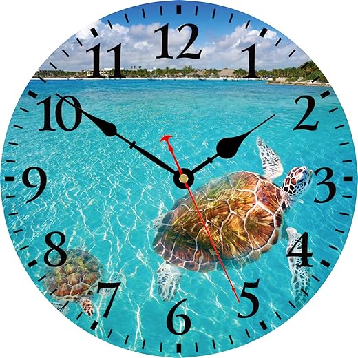 TAHEAT 14 Inch Turtle Underwater Wall Clock, Silent Non Ticking Nautical Sea Round Clocks, Battery Operated Easy to Read Wall Clock for Living Room Kitchen Bathroom Office