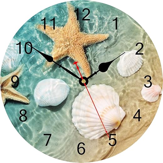 TAHEAT 8 Inch Coastal Seashell Starfish Wall Clock, Accurate Decorative Clocks, Silent Non Ticking Easy to Read Wall Clock for Bedroom/Living Room/Kitchen