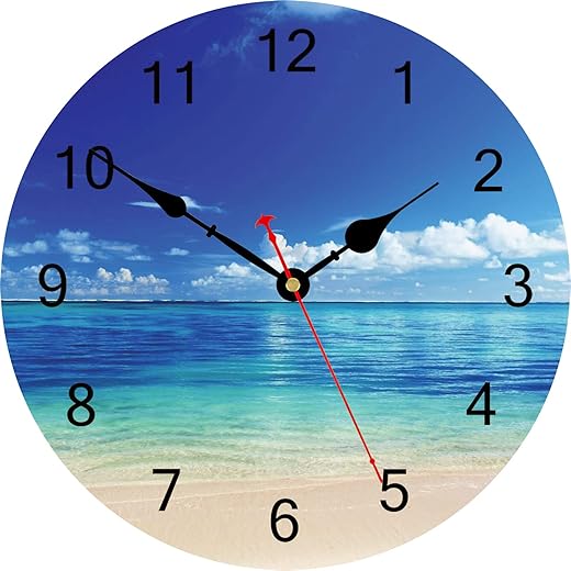 TAHEAT Blue Peaceful Sea Wall Clock, Silent Non Ticking Beautiful Sky Beach Round Clocks, Easy to Read Decorative Wall Clock for Kitchen Bathroom Living Room Home Art Decor, 14 Inch