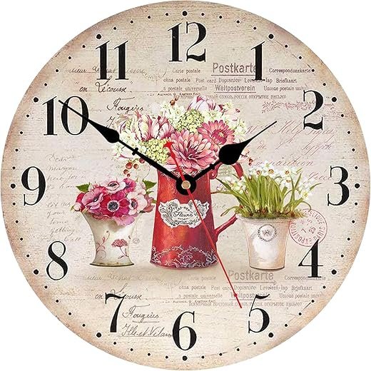 TAHEAT Floral Flower Wall Clock, French Country Vintage Decor, Decorative Battery Operated Silent Non Ticking Wall Clocks for Kitchen Living Room Bedroom Bathroom Office, 12 Inch