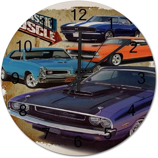 Tamengi Classic Muscle Cars Round Wall Clock, Rustic Silent Clocks Farmhouse Cabin Country Home Decor Made in USA