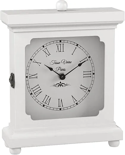 Tasse Verre White Clock for Shelf Table Or Desk 9x7 - Farmhouse Decor Wood Mechanical Quiet Silent - Office, Bedroom Fireplace Mantel Living Family Room. AA Battery Operated Non-Digital