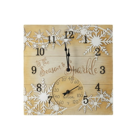 Taylor 14-inch Tis The Season To Sparkle Inside or Outside Poly Resin Clock/Thermometer