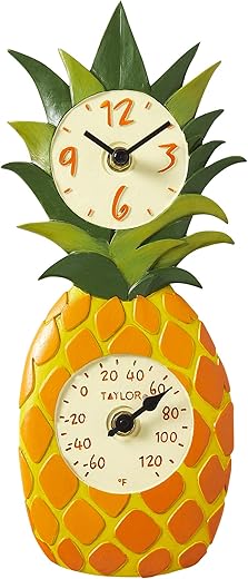 Taylor Pineapple Poly Resin Indoor and Outdoor Clock and Thermometer, Home Decor for Garden, Patio, Pool, and Indoor Areas, 12-inch, Multi-Color