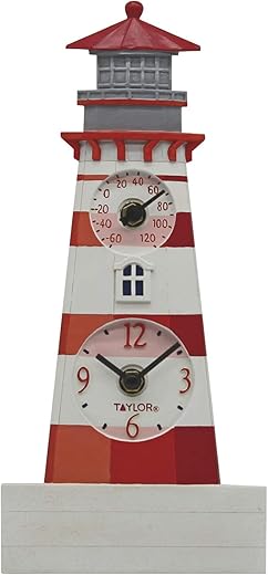 Taylor Precision Products 12 Poly Resin Lighthouse Clock with Thermometer, Multicolored