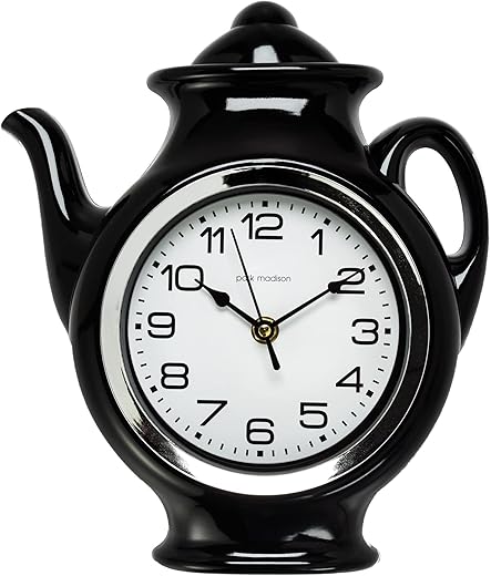 Teapot 11 Inch Quality Quartz Battery Operated 3-D Easy to Read Home/Office/Kitchen/Classroom/School Clock Classic Mo Black 11.25inch 13781 0