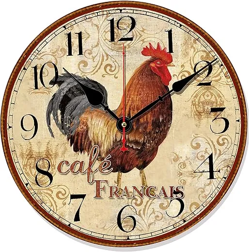 Telisha Retro Design Large Clock Rooster Chicken Cafe Home Decorative Wall Clock Wood 34CM 14 Non-Ticking Silent Quiet