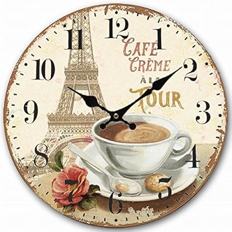 Telisha Wooden Wall Clock Paris French Eiffel Tower Coffee Cup Clock Retro Vintage Large Clock Home Decorative Country Non -Ticking Silent Quiet 14 Inch Gift