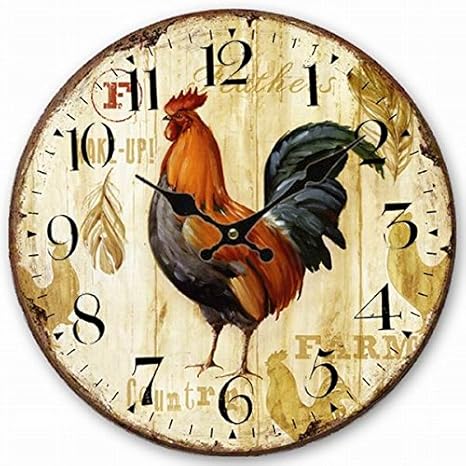 Telisha Wooden Wall Clock Rooster Chicken Clock Retro Vintage Large Clock Home Decorative Country Non -Ticking Silent Quiet 14 Inch Gift