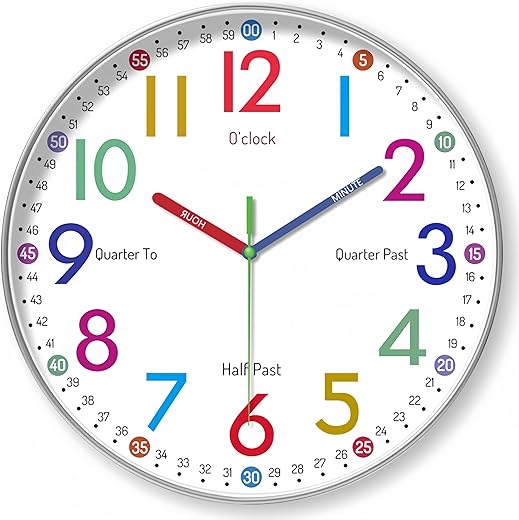 Telling Time Clock - NonTicking Cute Wall Watch Clock - Silent Analog Clock for Room- BA-3 (A Type, 10 Inch)