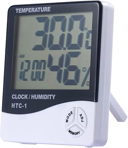 Temperature Humidity Meter,LCD Electronic Digital Outdoor/Indoor Thermometer Hygrometer with Clock Time Humidity Monitor for Home,Bedroom,Pet,Reptile,Plant,Greenhouse,Basement,Guitar (HTC-1)