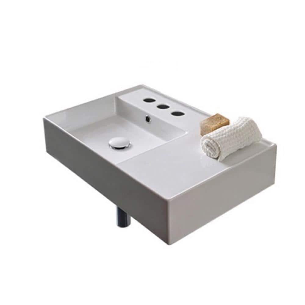 Teorema Wall Mounted Vessel Bathroom Sink in White with 3 Faucet Holes