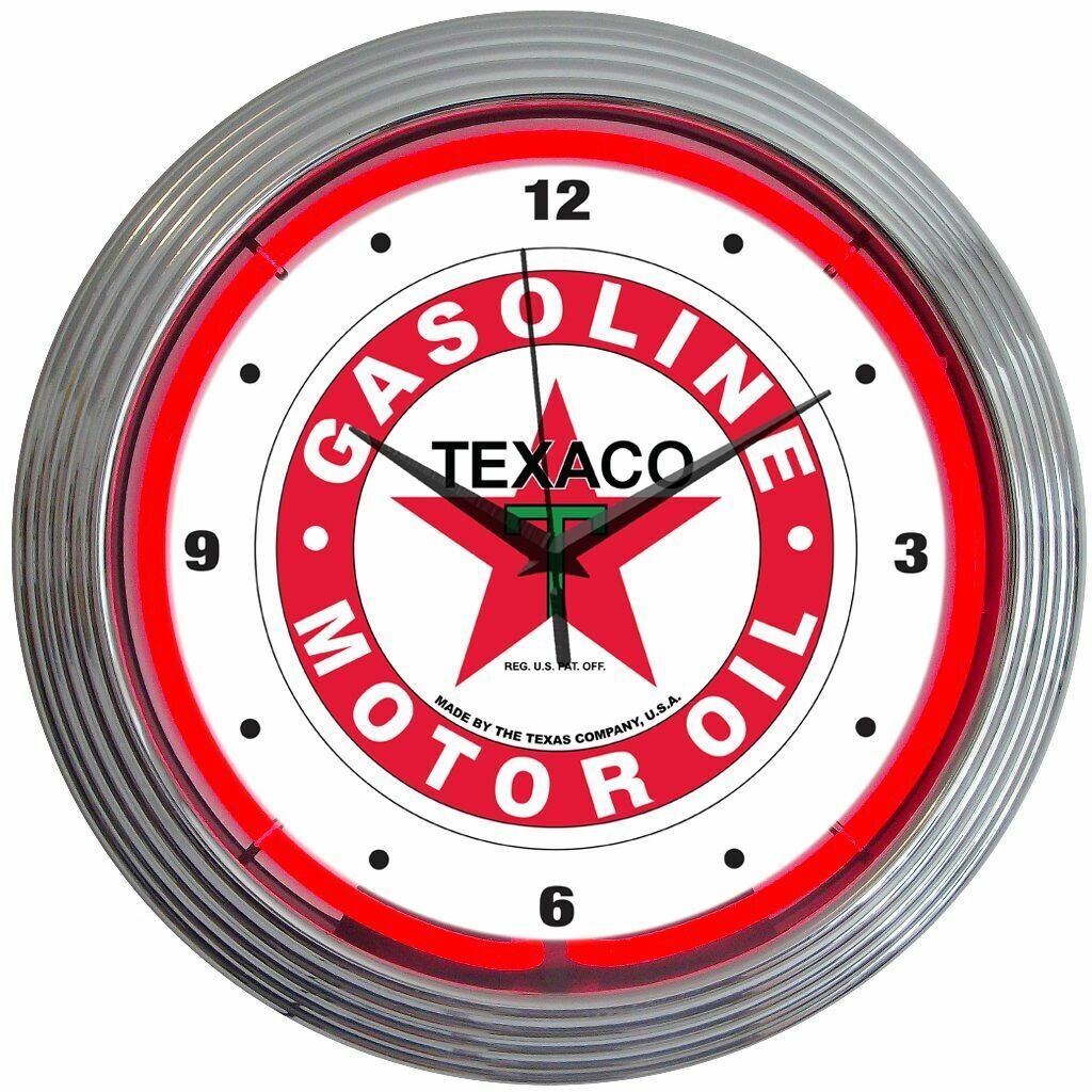 Texaco Gasoline Motor Oil Logo Red Neon Hanging Wall Clock 15" Diameter 8TXOIL