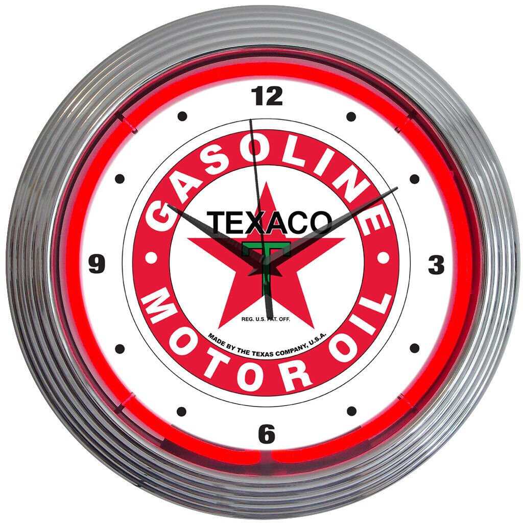 Texaco Gasoline Neon Clock Gameroom Basement Mancave Wall Art Decor
