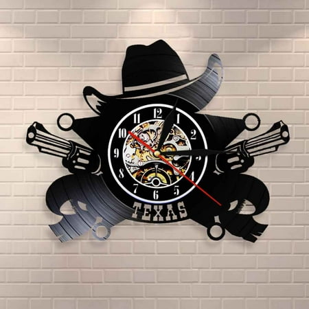 Texas Cowboy Wall Clock Western USA Skyline Symbol Vinyl Record Wall Clock Wild West Vintage Rodeo Revolvers Western Wall Decor