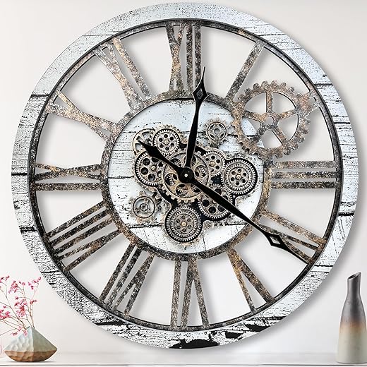 The B-Style 36 Large Moving Gear Wall Clock Oversized Vintage Farmhouse Wall Clocks for Living Room Decor Rustic Industrial Wood Clock (Gray White and Bronze Gears)