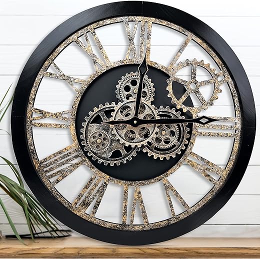 The B-Style Large 24 inch Moving Gear Wall Clock Oversized Vintage Farmhouse Wall Clocks for Living Room Decor Rustic Industrial Wood Clock (Black and Bronze)