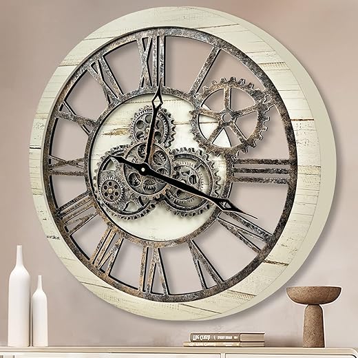 The B-Style Large Real Moving Gears Wall Clock 30 inch Rustic Retro Industrial Farmhouse Wood Clock Oversized Decorative Vintage Wall Clocks for Living Room (Desert Beige, 24 Inch/60CM)