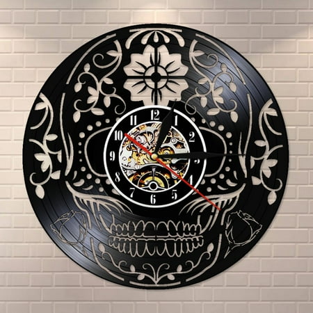 The Day of the Dead Vinyl Record Wall Clock Hand Carved Skull Día de los Muertos Decorative Clock Quartz Movement Silent Clock