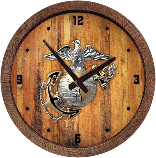 The Fan-Brand Military US Marine Corps: Faux Barrel Top Wall Clock - Sports Team Bar Sign Décor - Home Man Cave, Party Decoration - Made On Demand