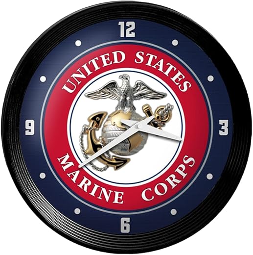 The Fan-Brand Military US Marine Corps: Ribbed Frame Wall Clock - Sports Team Bar Sign Décor - Home Man Cave, Party Decoration - Made On Demand