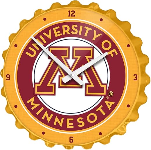 The Fan-Brand NCAA Minnesota Golden Gophers: Gold - Bottle Cap Wall Clock - Sports Team Bar Sign Décor - Home, Dorm, Garage, Office, Fan Cave