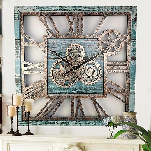 The Gears Clock 24'' Inch Square Real Moving Gear Wall Clock Vintage Industrial Oversized Rustic Farmhouse (Aqua Green)