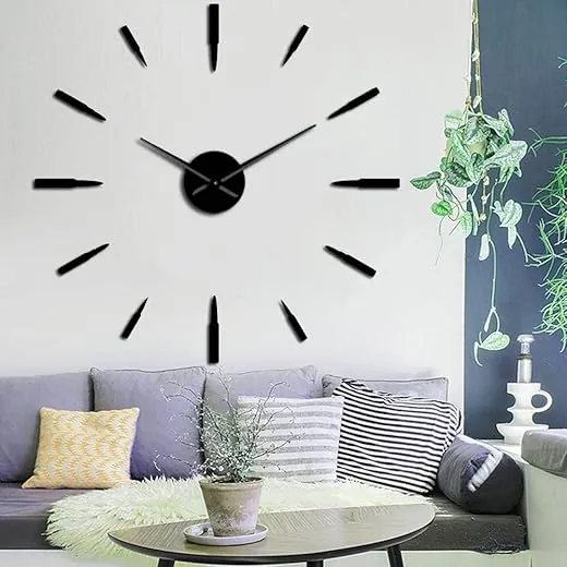 The Geeky Days Ammunition Bullets Silent Quartz DIY Wall Clock with 3D Mirror Stciker Military Modern Design Home Decor Big Needles Watch Room Art Soldiers Gift(Black)