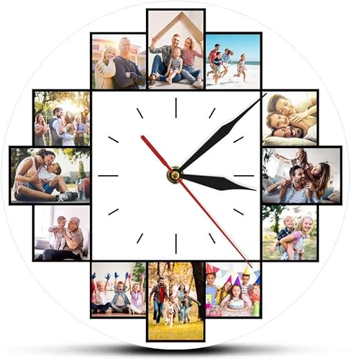 The Geeky Days Custom 12 Instagram Family Photos Collage Acrylic Printed Silent Quartz Wall Clock Personalized Picture Wall Hanging Non Ticking Watch Housewarming Gift