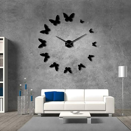 The Geeky Days DIY Frameless Large Flying Butterflies Wall Clock Modern Design Decorative Mirror Wall Clock Nature Luxury Home Decor Wall Watch Clock (Black)