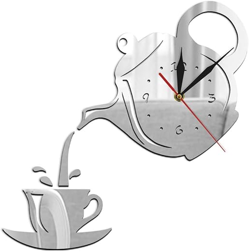 The Geeky Days DIY Teapot and Cup Design Acrylic Mirror Modern Wall Clock Tea Kettle Hanging Watch Kitchen Decor