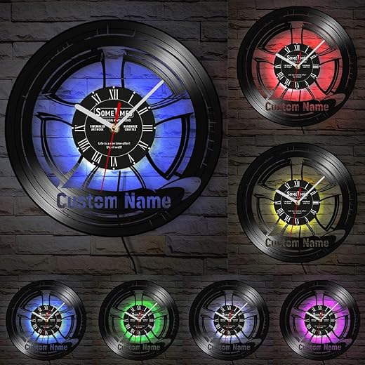 The Geeky Days Garage Wall Clocks with Personalized Name Car Wheel Dial, 7 Kinds of LED Color Vintage Wheel and Tire Wall Clock Car Service Custom Tire Shop Name Wall Watch Clock for Boys Room 12''