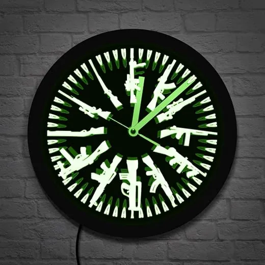 The Geeky Days Gun and Bullets LED Neon Sign Wall Clock Vintage Different Guns Design Illuminated Wall Clock Color Change