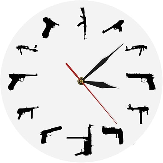 The Geeky Days Guns Family Army Weapons Modern Mood Watch Silent Non Ticking Wall Clock Personalized Hand Gun Weapons Silhouette Clock Best Souvenir Present for Gun Lover