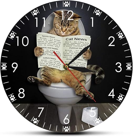 The Geeky Days Kitten Cat on Toilet with Newspaper Wall Clock, Funny Bathroom Clock Silent Non Ticking Battery Decorative Cat Kitty on Toilet Wall Clock Watch Gift for Cat Owners Bedroom Bathroom