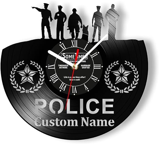 The Geeky Days Personalized Policeman Vinyl Record Wall Clock, Police Station Wall Clock Officers Law Enforcement First Responders Wall Watch Clock Battery Silent Movement for Police Department 12''