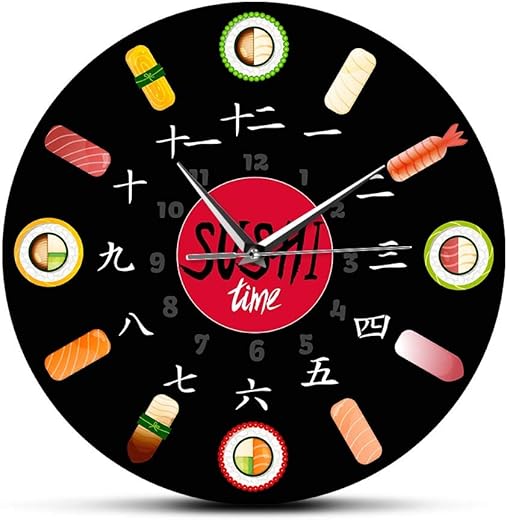 The Geeky Days Sushi Time Silent Quartz Wall Clock Minimalist Kitchen Decorative Japanese Food Wall Art Non Ticking Clock Watch for Sushiya Restaurant