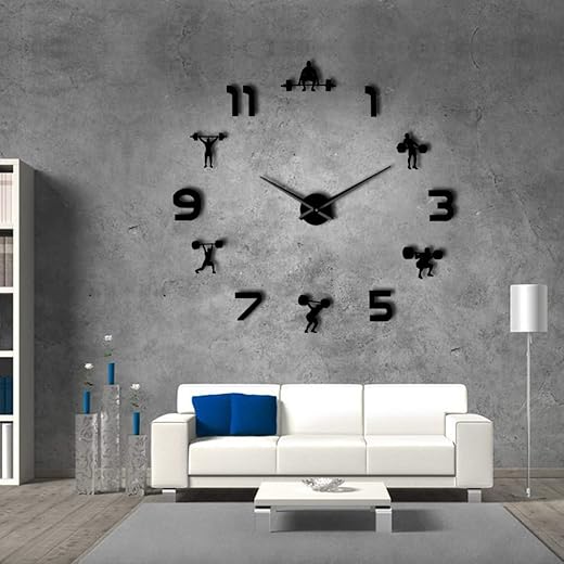 The Geeky Days Weightlifting Fitness Room Wall Decor DIY Giant Wall Clock Mirror Effect Powerlifting Frameless Large Wall Clock Gym Wall Watch (Black)