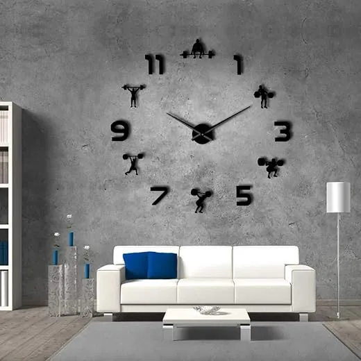 The Geeky Days Weightlifting Fitness Room Wall Decor DIY Giant Wall Clock Mirror Effect Powerlifting Frameless Large Wall Clock Gym Wall Watch (Black)