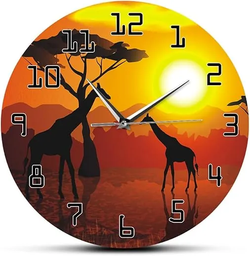 The Geeky Days Wildlife Giraffe Wall Art Decorative Silent Wall Clock Serengeti African Sunset Savannah Safari Wall Decor Hanging Timepiece Wall Watch