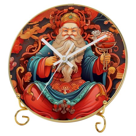 the god of wealth Round Printed Wall Clocks with Hooks and Gold Stand - Silent, Non-Ticking - Stylish Timepieces for Any Room Décor