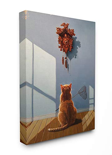 The Stupell Home Décor Collection Cat Waiting for The Cuckoo Clock Funny Dramatic Painting Stretched Canvas Wall Art, 24 x 30, Multi-Color