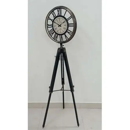 THOR INSTRUMENTS Marine Style Vintage Antique Round Clock Floor Clock Wooden Tripod Stand Decorative Stand Marine Floor Black Stand