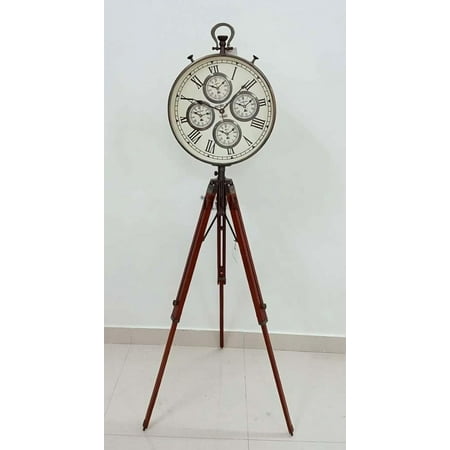 THOR INSTRUMENTS Nautical World Time Clock Antique Brass Adjustable Tripod Stand Home Décor Maritime Clock on Brown Tripod Stand