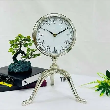 THOR INSTRUMENTS Silver Maritime Nautical Style Desk Stand Analog Clock Office Desk Decorative